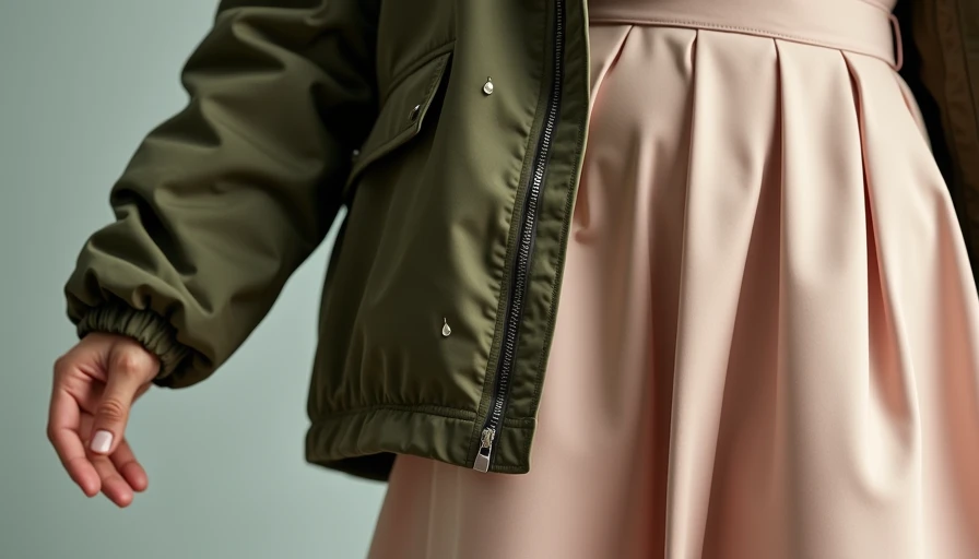 Technical water-repellent jacket fabric with visible raindrops beading on the surface, lying beside a soft silk midi skirt, illustrating the quiet outdoor fashion crossover where performance function meets everyday aesthetics without visible branding.