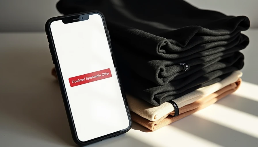 Smartphone displaying a declined brand sponsorship email beside a stack of folded garments from a creator's own product line with branded tags