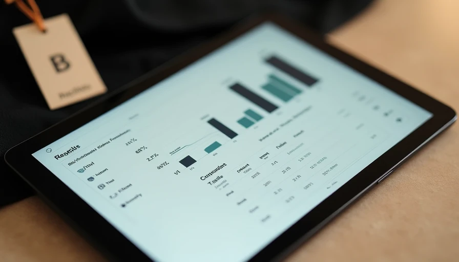 Tablet displaying a resale platform dashboard with real-time brand pricing metrics including appreciation rates and sell-through velocity, beside a garment tag