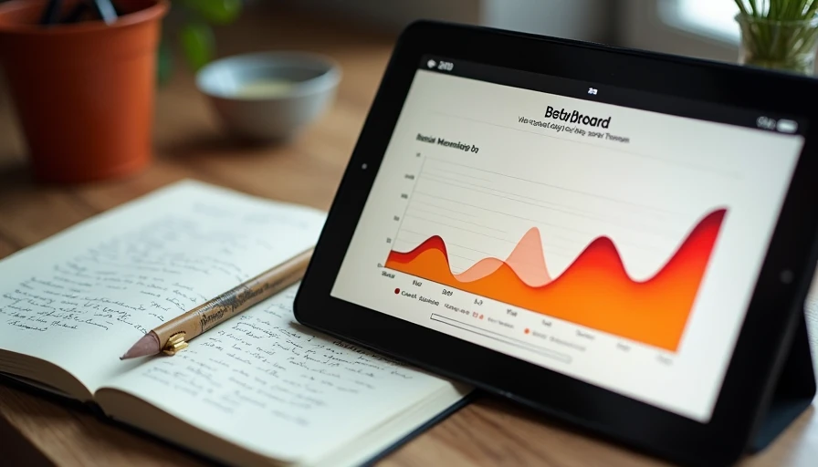 Tablet displaying resale platform heat map dashboard with rising price curves for fashion brands including Rodarte and Raf Simons, beside a buyer's production notebook