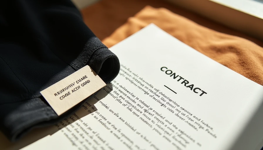 Revenue-share contract document beside a co-branded garment tag showing both brand and creator names, illustrating the shift from flat-fee brand ambassadorships to performance-based creator capsule partnerships tied to sell-through.