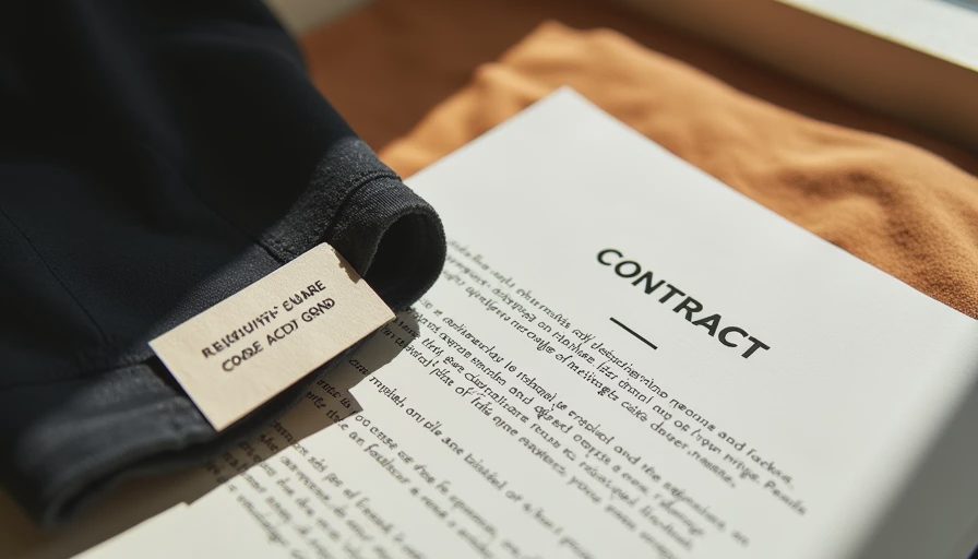 Creator Capsule Revenue Share Contract Co-Branded Product Detail Revenue-share contract document beside a co-branded garment tag showing both brand and creator names, illustrating the shift from flat-fee brand ambassadorships to performance-based creator capsule partnerships tied to sell-through.