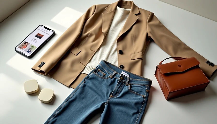 Curated capsule wardrobe featuring structured blazer, fine-gauge knit, wide-leg denim, tailored coat, and minimalist bag