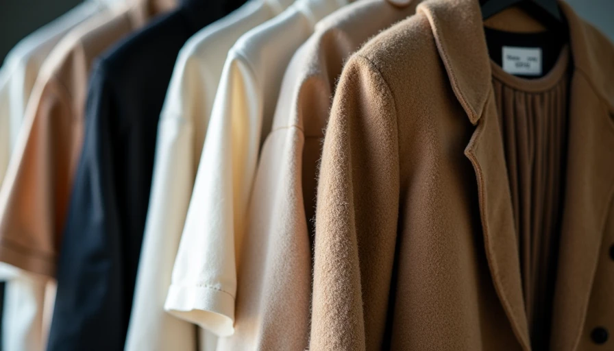 Premium wool coat hanging next to a stack of basic cotton T-shirts with price tags visible, illustrating the two-tier consumer spending split between trading down in basics and trading up in outerwear.