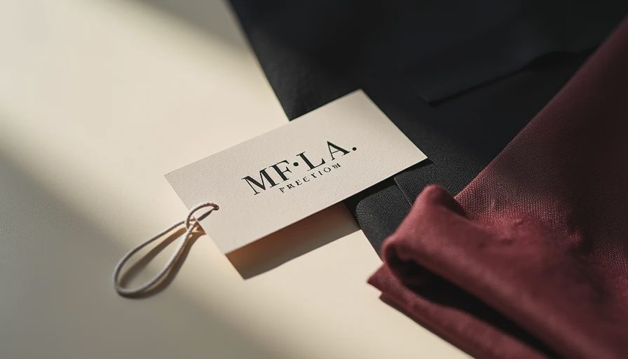 Mid-Tier Brand Luxury Rebranding Garment Tag Detail Mid-tier fashion brand garment tag with a newly designed serif logo resting on premium fabric, illustrating how mid-market brands are adopting luxury visual codes to drive margin elevation in 2026.